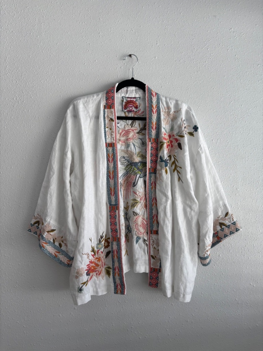 Johnny Was Los Angeles Ceretti Linen Embroidered Floral Crane Crop Kimono - Picture 3 of 7